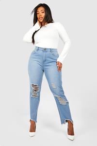 Boohoo Plus Gescheurde Versleten High Waist Mom Jeans, Mid Blue