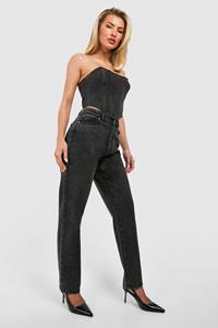 Boohoo Basics Ripped Knee Straight Leg Jeans, Washed Black