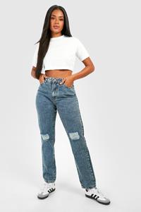 Boohoo Basic Jeans Met Gescheurde Knieën En Rechte Pijpen, Vintage Wash