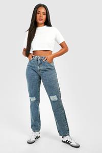 Boohoo Basics Ripped Knee Straight Leg Jeans, Vintage Wash