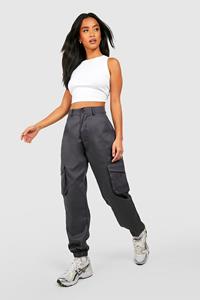 Boohoo Petite High Waisted Twill Cargo Joggers, Slate Grey