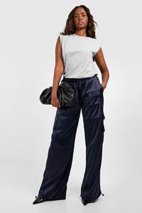 Boohoo Satijnen Cargo Broek, Navy