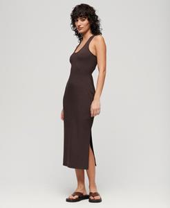 Superdry Vrouwen Jersey Midi-jurk met Laag Uitgesneden Ronde Hals Bruin