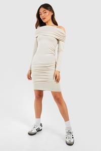 Boohoo Geplooide Assymetrische Mini Jurk Met Lange Mouwen, Stone