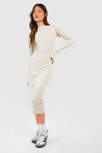 Boohoo Geribbelde Midi Jurk Met Boothals En Lange Mouwen, Stone