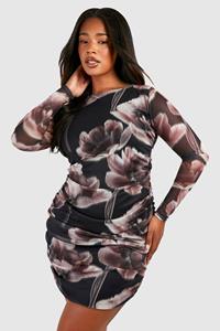 Boohoo Plus Geplooide Bodycon Jurk Met Print, Purple