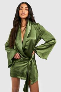 Boohoo Satijnen Wikkel Blouse Jurk, Olive