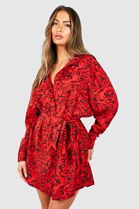 Boohoo Floral Batwing Belted Shirt Dress, Red