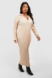 Boohoo Plus Wijde Plisse Midaxi Blouse Jurk, Champagne