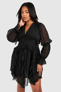 Boohoo Plus Dobby Mesh Long Sleeve Plunge Mini Dress, Black