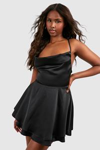 Boohoo Satin Double Hem Skater Dress, Black