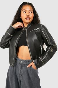 Boohoo Petite Getailleerde Nepleren Moto Jas Met Vintage Look, Black