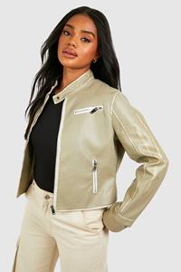 Boohoo Getailleerde Nepleren Moto Jas Met Vintage Look, Washed Khaki