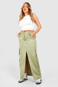 Boohoo Plus Midi Rok Met Cargo Zakken, Washed Khaki