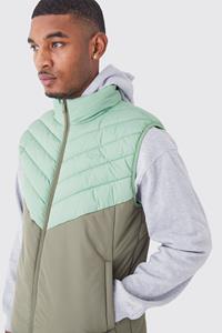 Boohoo Tall Man Gewatteerde Color Block Bodywarmer Met Stiksels En Hoge Kraag, Khaki