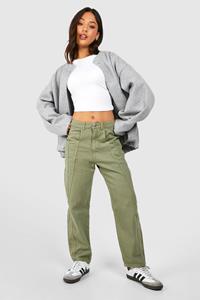 Boohoo Petite Gebleekte Mom Jeans Met Naaddetail, Khaki