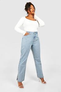 Boohoo Plus Basic Jeans Met Split En Rechte Pijpen, Light Blue