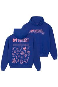 Plant Faced Clothing Damen vegan Hoodie Deluxe Eat Different Pink On Cobalt Blue