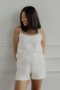 AmourLinen Damen vegan Pyjama Set Ärmellos Nachteule Weiß