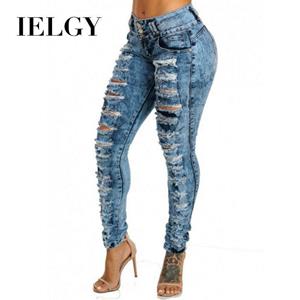 IELGY High-waisted Jeans Women's Fashion Ragged Small Feet Multi-hole Buttonhole Decoration Wild trousers Bottoms