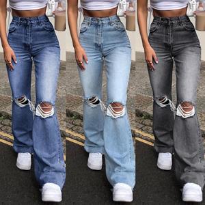Optimal motion Denim jeans met gescheurd gat, hoge taille, wijde pijpen, flare broek, dames casual jeans voor dames