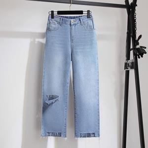 MOJTA Zomer losse jeans plus size casual en comfortabele vrouwen gescheurde wijde pijpen broek met rechte pijpen