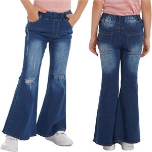 Sxiwei Kinderen Meisjes Gescheurde lange broek Uitlopende jeans Casual denim Slim-fit broek met klokbodem