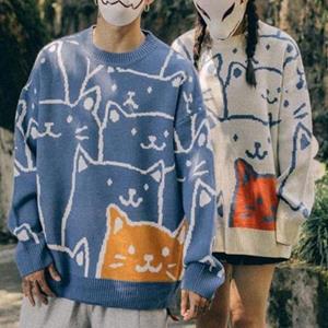 MR91EY Cartoon Kat Gebreide Trui Japanse Retro Harajuku Trui Mannen Tops Oversized Truien voor Winter Herfst 2XL zwart