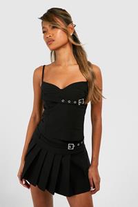 Boohoo Geplooid Mini Rokje Met Gesp Detail, Black