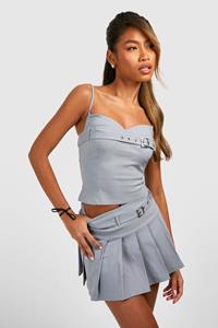 Boohoo Buckle Detail Pleated Mini Skirt, Grey