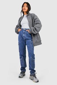 Boohoo Tall Basic Slim Fit Cargo Jeans, Acid Wash Dark Blue