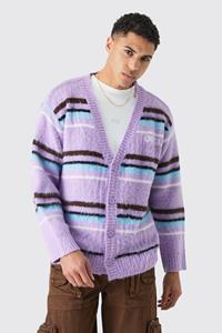 Boohoo Boxy Fluffy Striped Knitted Cardigan In Lilac, Lilac