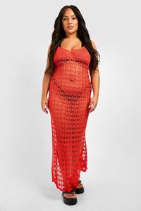Boohoo Plus Crochet Strappy Beach Maxi Dress, Burnt Orange