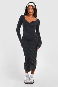 Boohoo Acid Wash Gebleekte Bodycon Midaxi Jurk Met Hals Inkeping En Lange Mouwen, Black