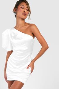 Boohoo Asymmetrische Satijnen Mini Jurk Met Pofmouwen, White