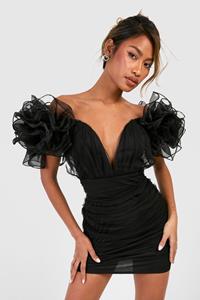 Boohoo Tule Mini Jurk Met Ruches, Black