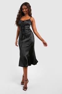 Boohoo Satijnen Midi Jurk Met Veters En Korset Detail, Black