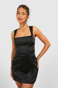 Boohoo Satijnen Mini Jurk Met Vierkante Hals En Korset Detail, Black