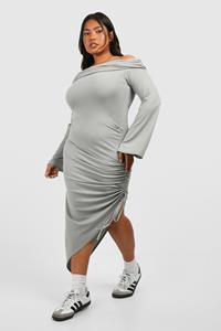Boohoo Plus Zachte Geribbelde Off Shoulder Jurk Met Ruches En Split, Grey