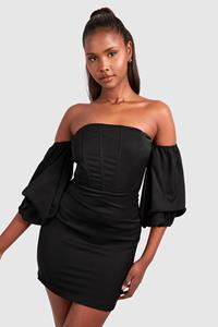 Boohoo Mini Jurk Met Korset Top En Pofmouwen, Black