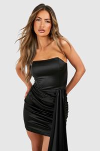 Boohoo Geplooide Satijnen Mini Jurk, Black