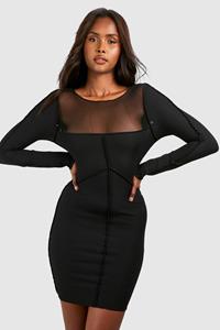 Boohoo Geribbelde En Mesh Bodycon Jurk Met Naaddetail, Black