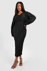 Boohoo Plus Wijde Plisse Midaxi Jurk Met Vleermuismouwen, Black