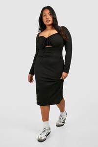 Boohoo Plus Zachte Geribbelde Geplooide Jurk Met Hals Strik, Black