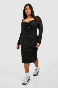 Boohoo Plus Soft Rib Ruched Tie Neck Column Dress, Black