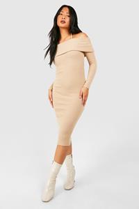 Boohoo Petite Brushed Rib Bardot Shoulder Tie Midaxi Dress, Camel