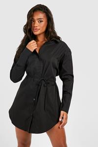 Boohoo Cotton Cinched Waist Shoulder Pad Shirt Dress, Black