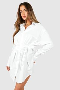 Boohoo Cotton Cinched Waist Shoulder Pad Shirt Dress, White