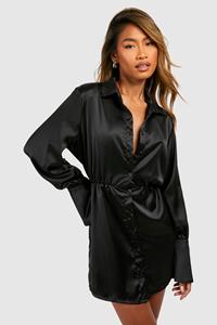 Boohoo Satijnen Mini Blouse Jurk Met Schouderpads, Black