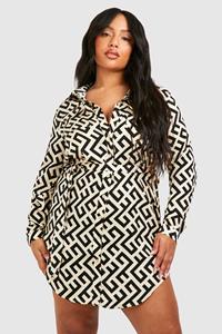 Boohoo Plus Monochrome Blouse Jurk Met Print, Black